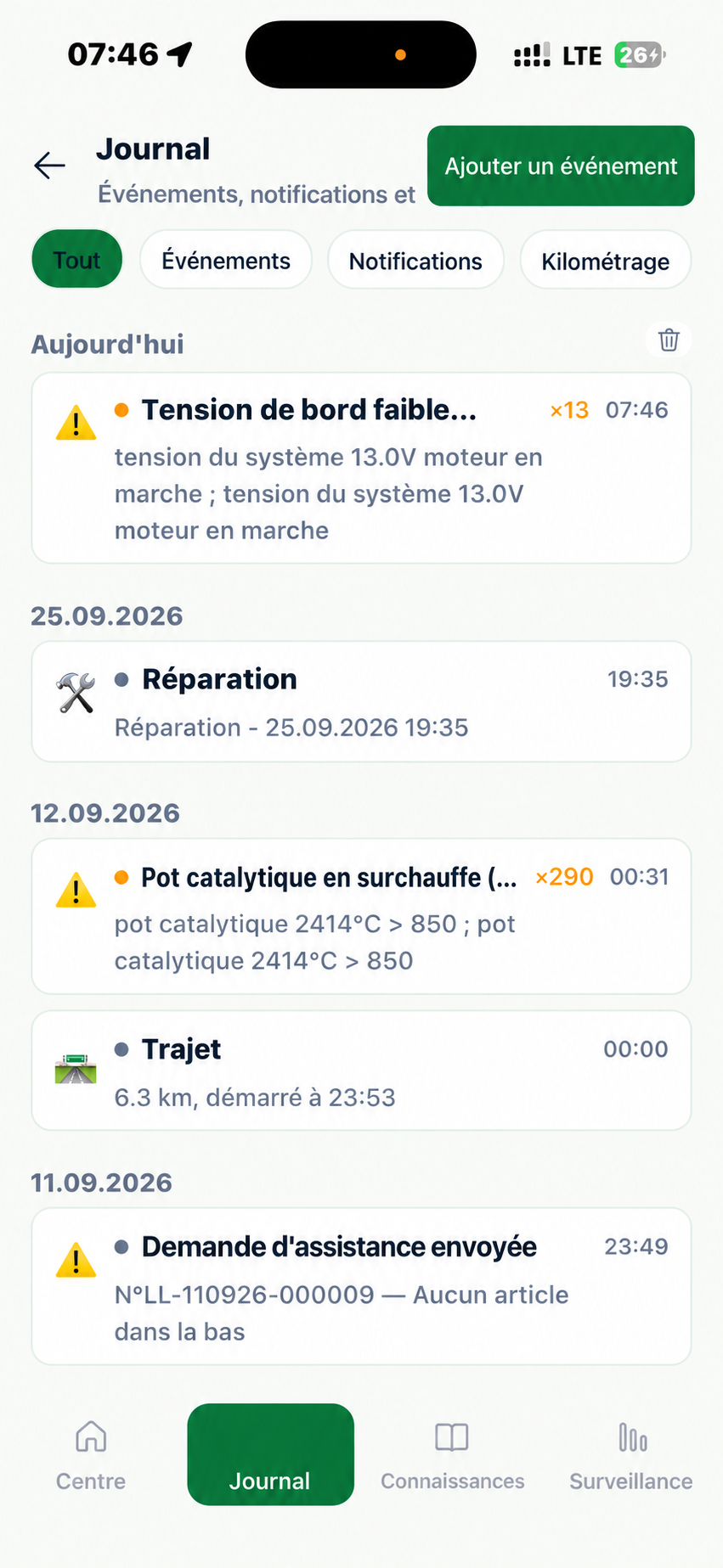 Journal des événements dans l'application
